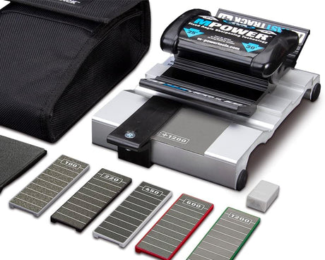 MPOWER fast track sharpening jig with various grit diamond plates and case on a white background
