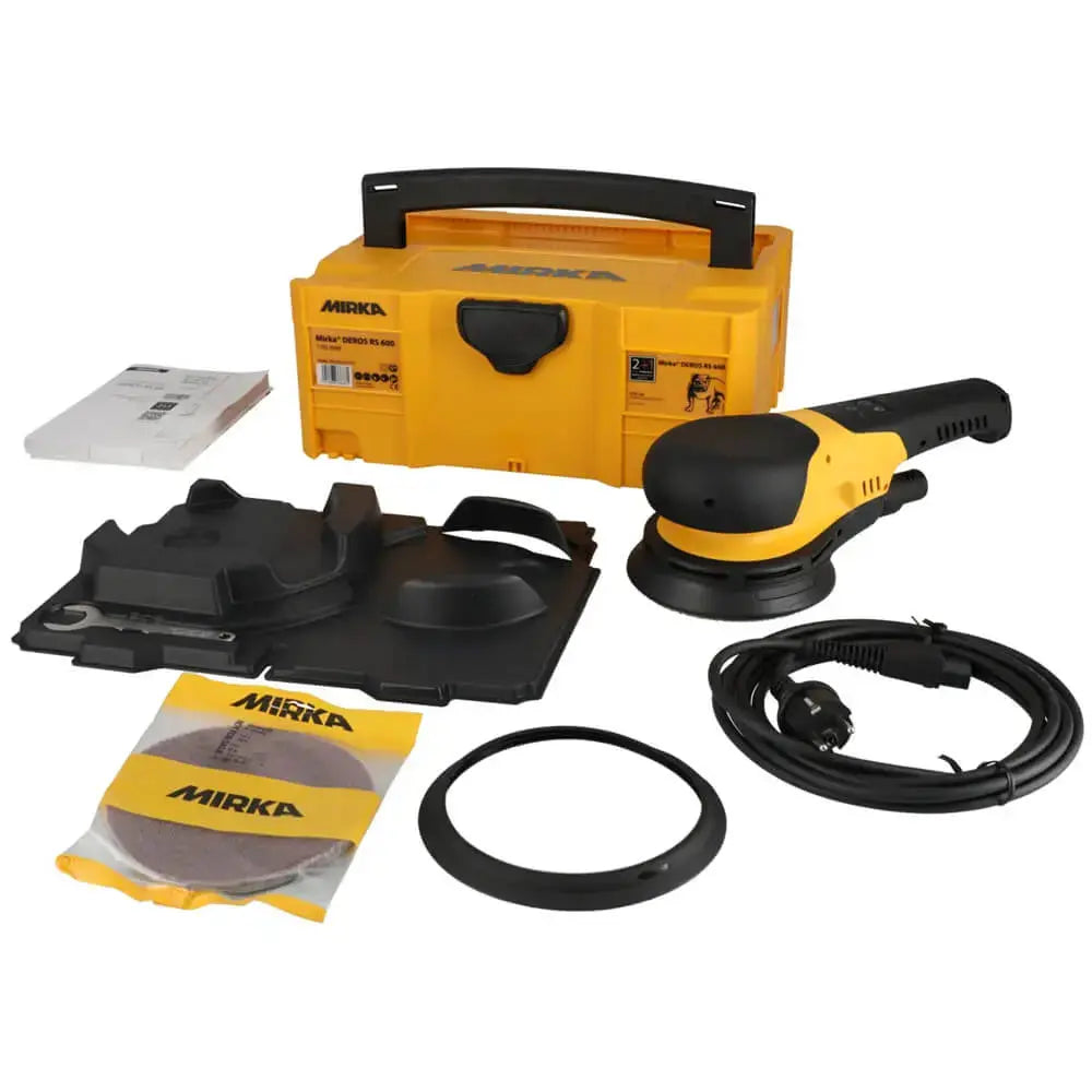 Mirka DEROS RS 600 150mm Rotary Sander in Case - angled view showing ergonomic design and compact size