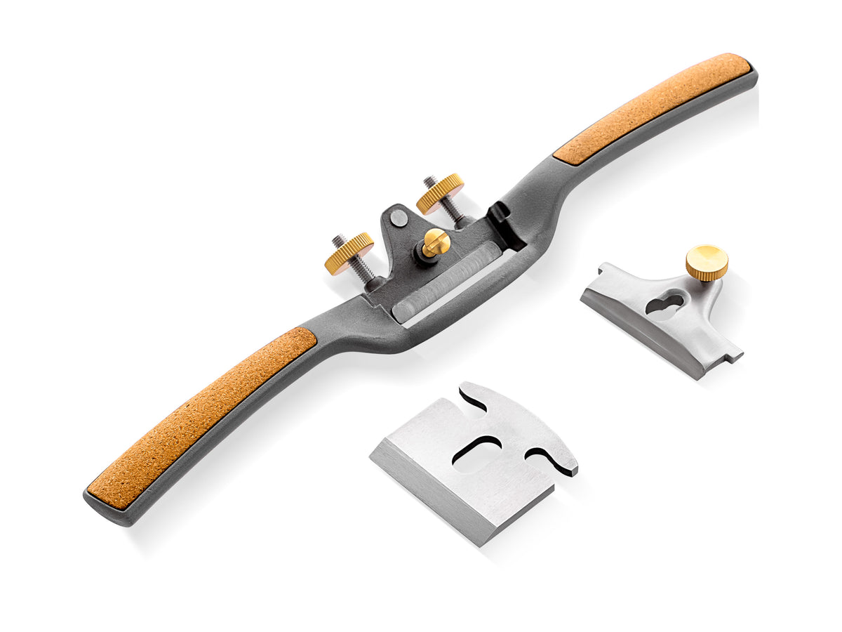 Melbourne Tool Company Round Sole Spokeshave HSS Blade, angled view ergonomic handles woodworking tool Australia