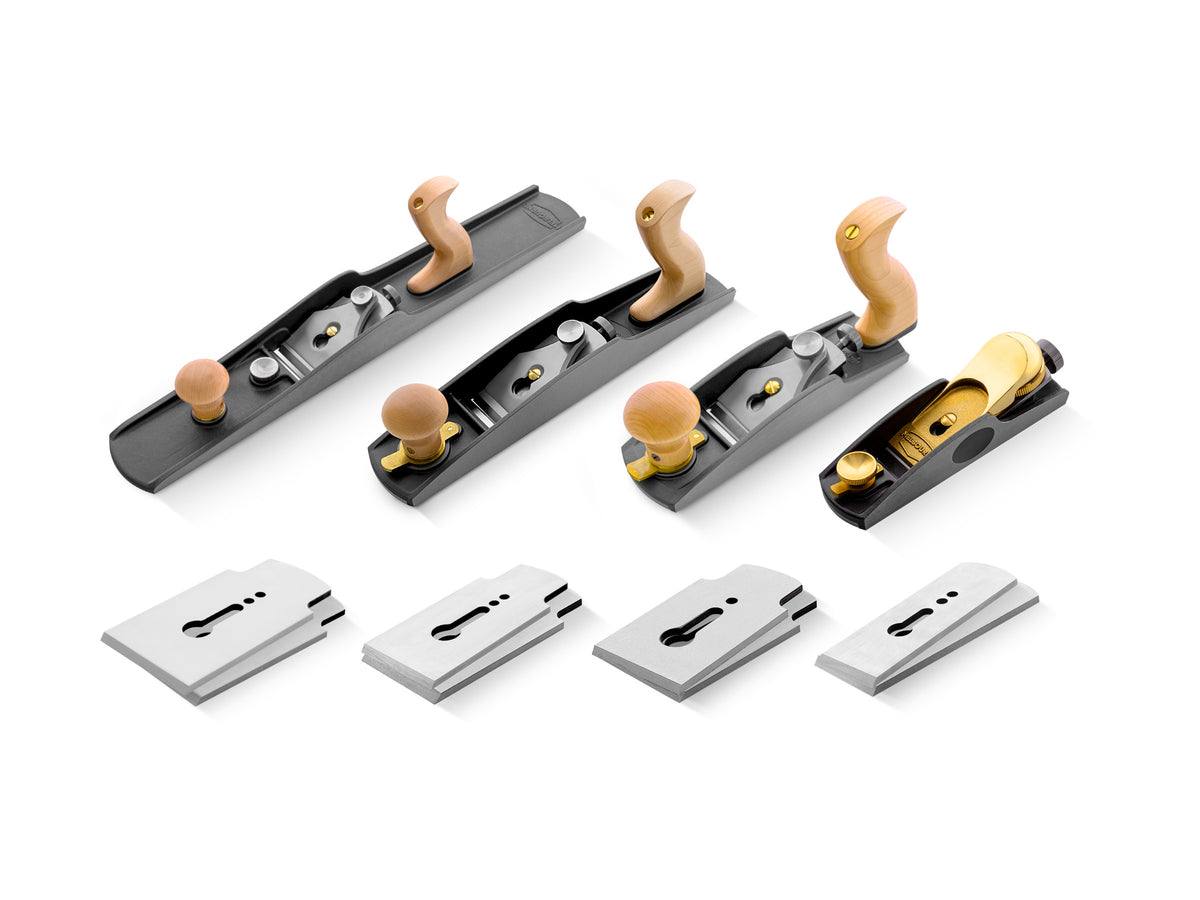 Melbourne Tool Company Deluxe Low-Angle Plane Kit with Blades set of four hand planes on white background