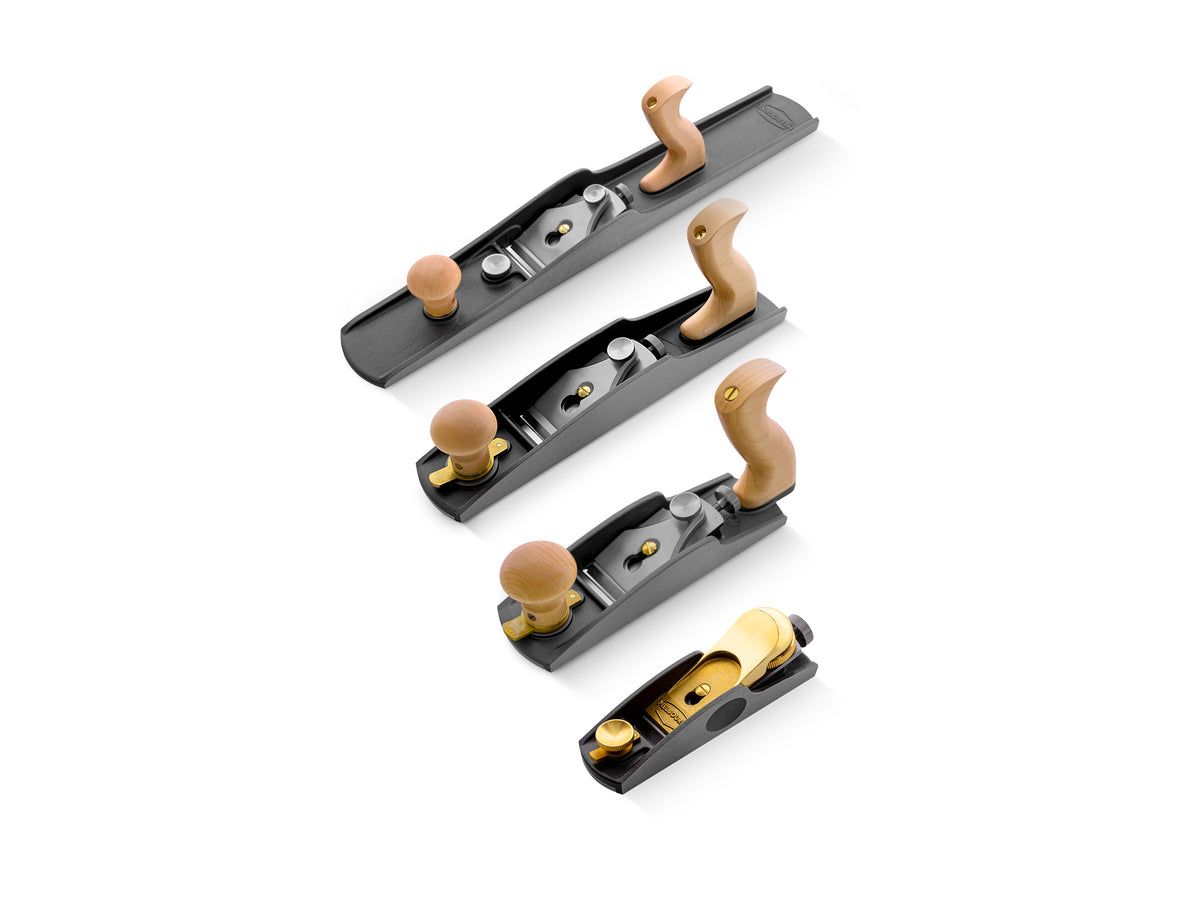 Melbourne Tool Company Low Angle Block, Jack, Smoothing & Jointing Hand Plane Set kit displayed with all four essential hand planes