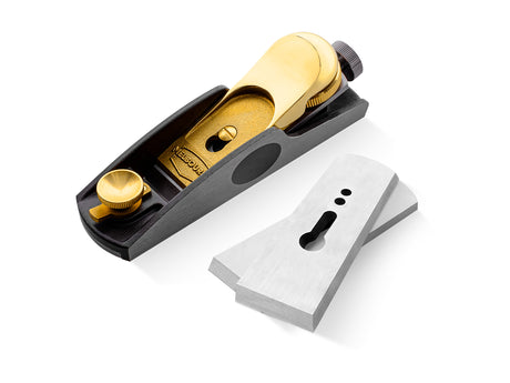 Melbourne Tool Company low angle block plane with multiple blades in a woodworking setting