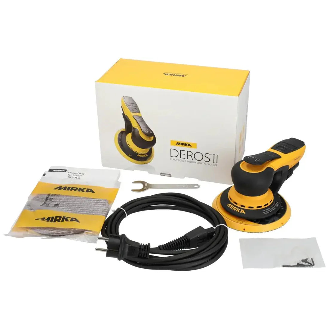 Mirka DEROS II 150mm Random Orbital Sander in action on wood surface