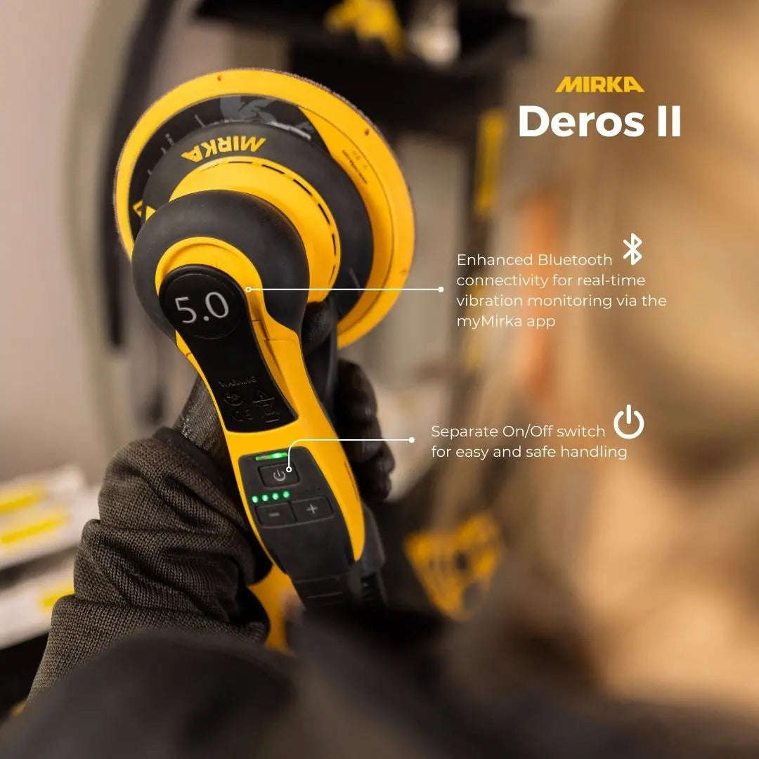Mirka DEROS II 150mm Random Orbital Sander in action, delivering fast and efficient sanding results