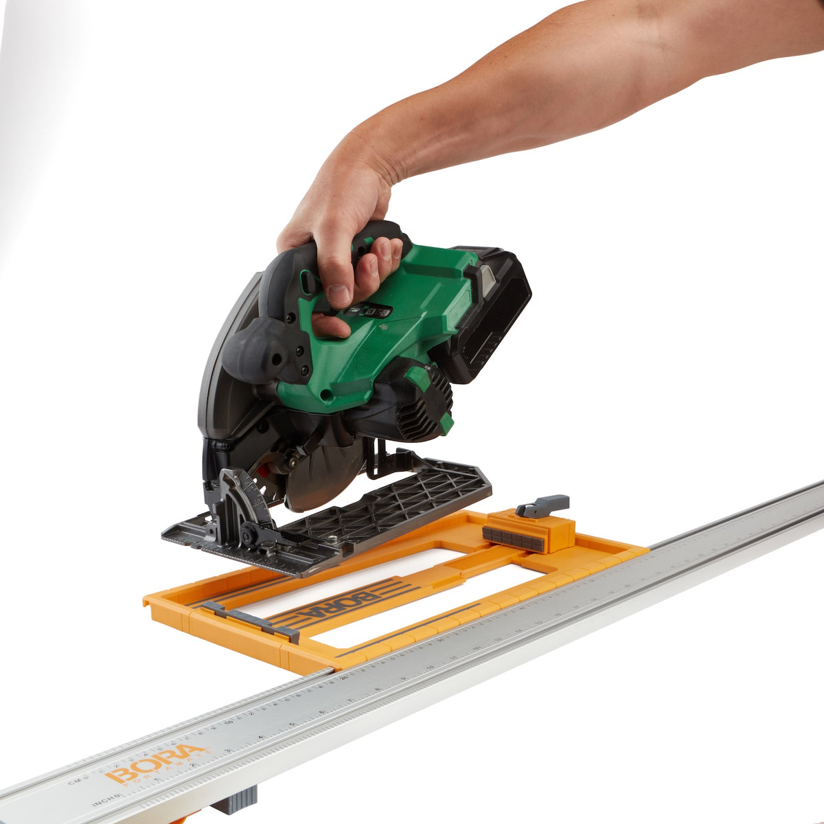 BORA NGX Saw Plate RT attached to Clamp Edge Guide for precise circular saw cuts