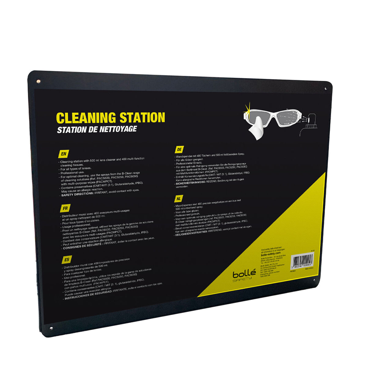 Wall-mounted Bolle Safety Glasses Cleaning Station with lens cleaner and tissues pack storage