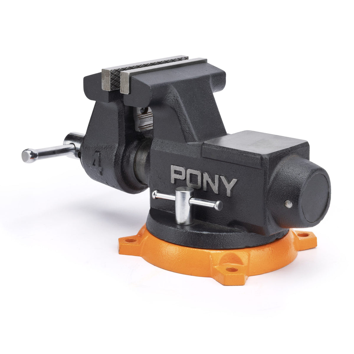 Black and orange pony vise on a white background