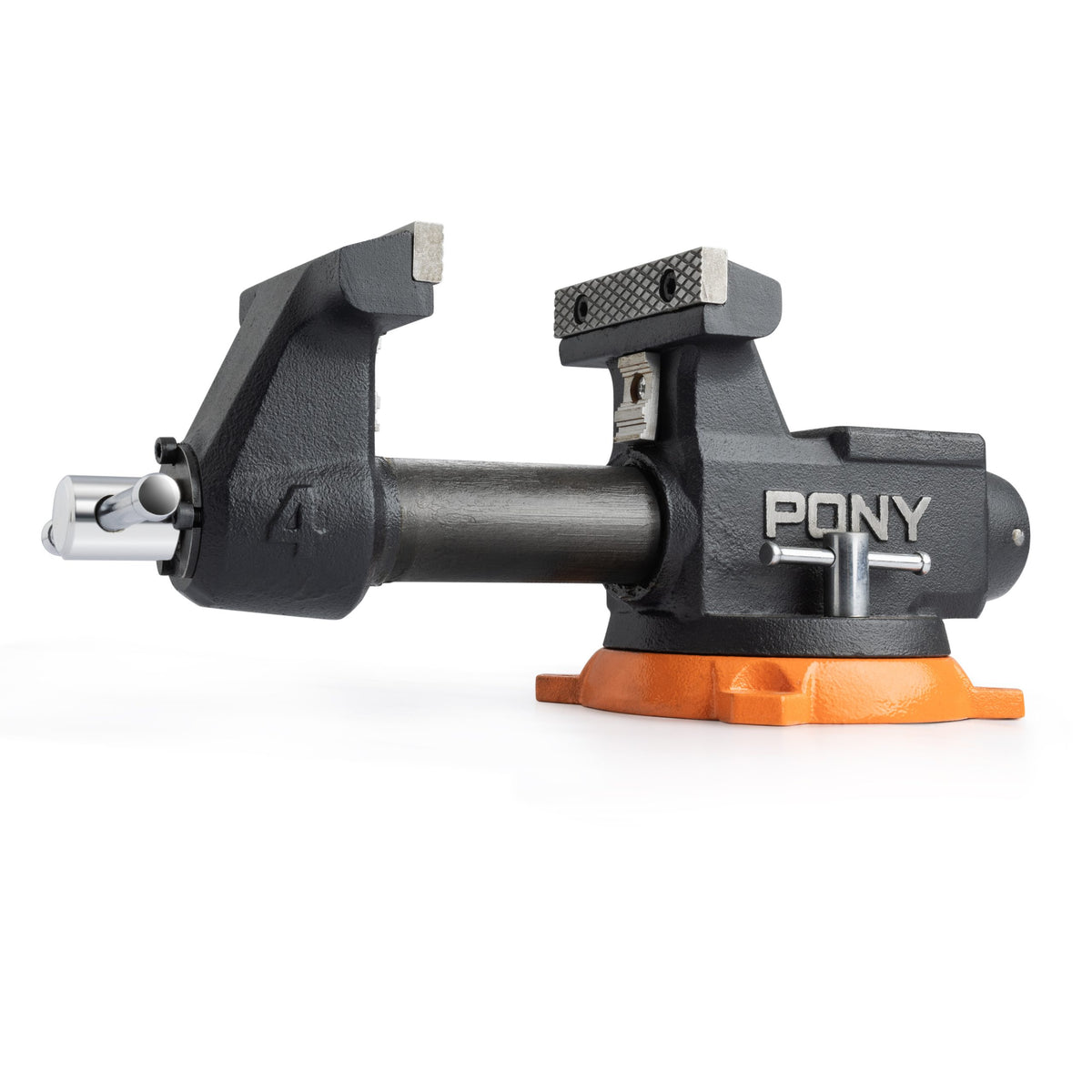 Black pony clamp with orange base on a white background