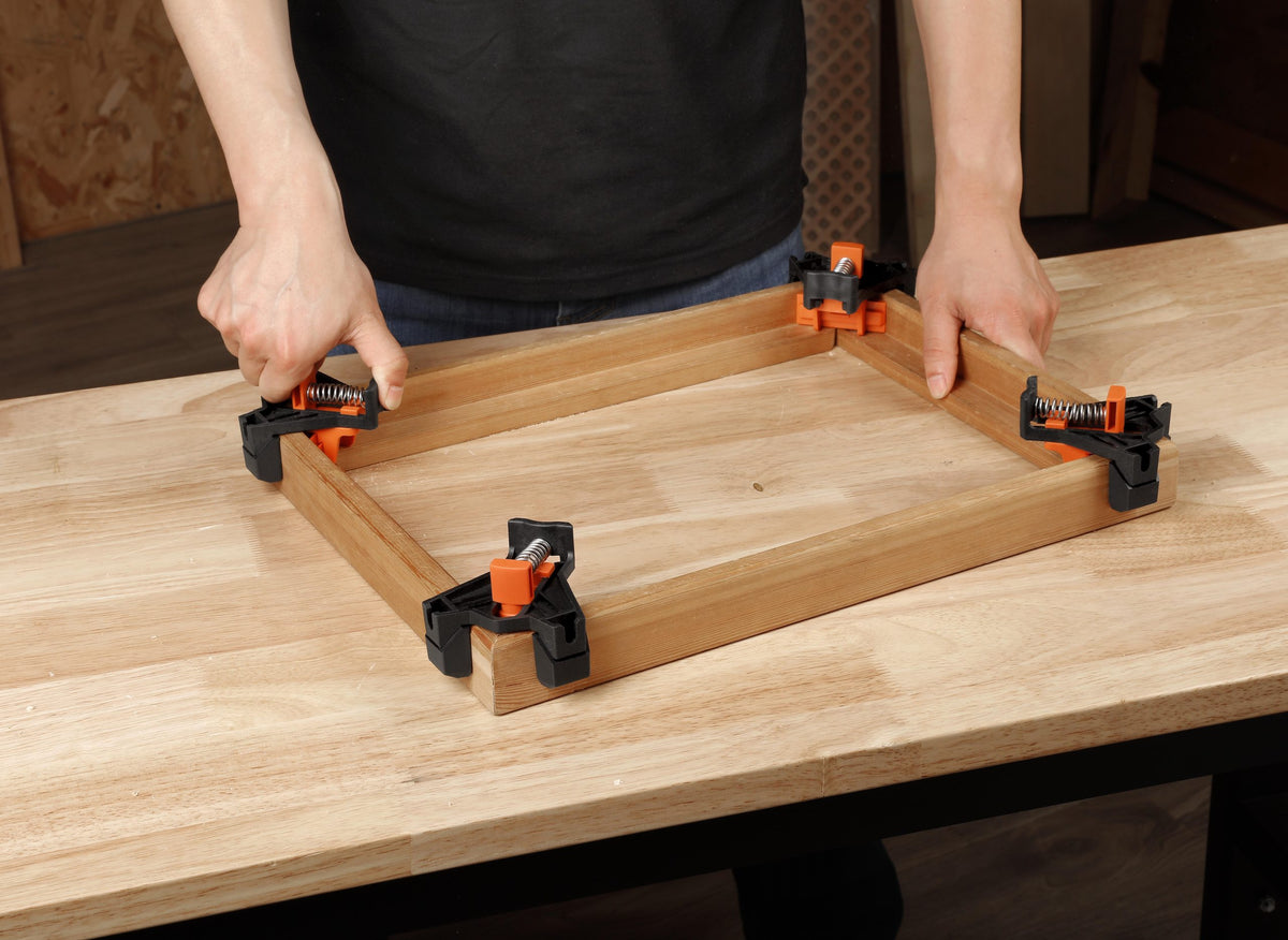 Pony Jorgensen Set of 4 Quick-Release Corner Clamps in use on a wooden frame