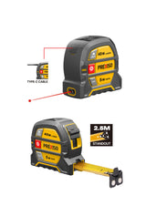 Prexiso 2-in-1 Laser & Tape Measure showing metric/imperial options and rechargeable feature