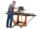 BORA Portacube STR Mitre Saw Workstation with Rotating Table shown in use with extended extension wings