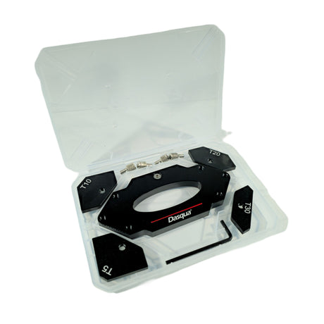 Dasqua Corner Chamfer Template Set of Six 5-40mm Router Jig in use on wood with chamfered edges