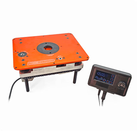 Sherwood Motorised DRO Router Lift & Mounting Plate in use with round body router motor