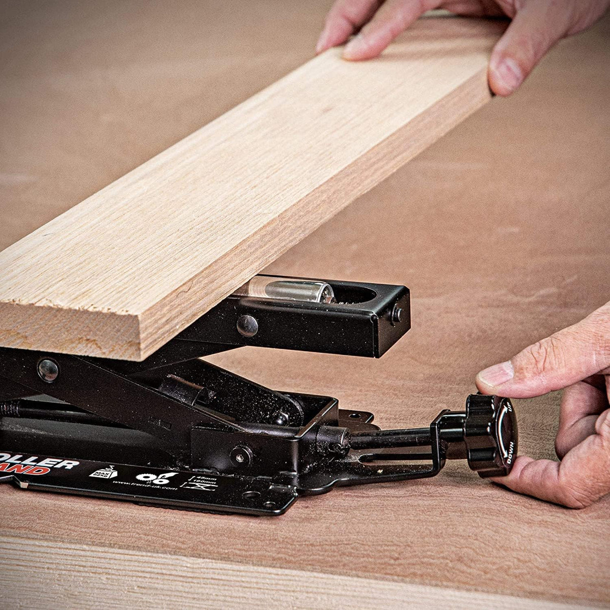 Adjustable Benchtop Roller Stand for Trend Mitre Saw, enhancing workshop safety and productivity with free-running action