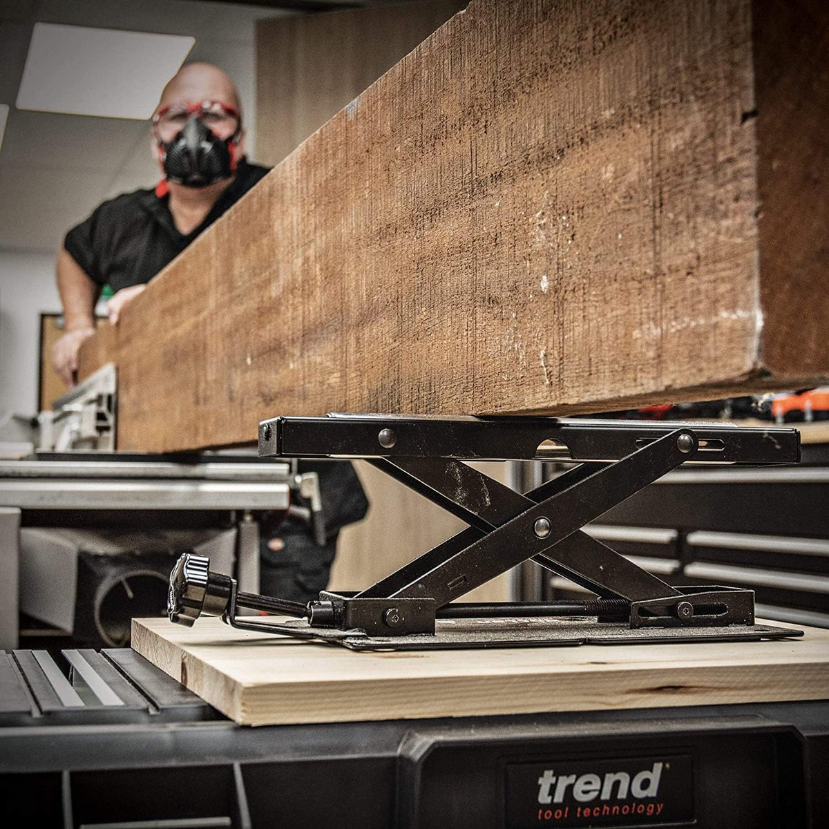 Adjustable roller stand for Trend Benchtop Mitre Saw, ideal for safe material movement in Australian woodworking workshops