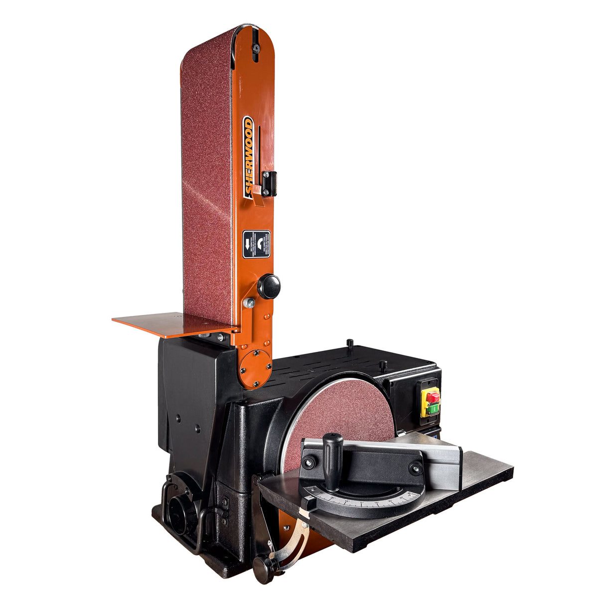 Sherwood 6 x 10in Benchtop Belt and Disc Sander 800W in use, showing sanding action on wooden piece
