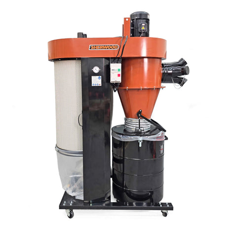 Industrial cyclone dust extractor Sherwood SCDC-5000-T with automatic filter cleaner, 5HP, for serious workshop dust control