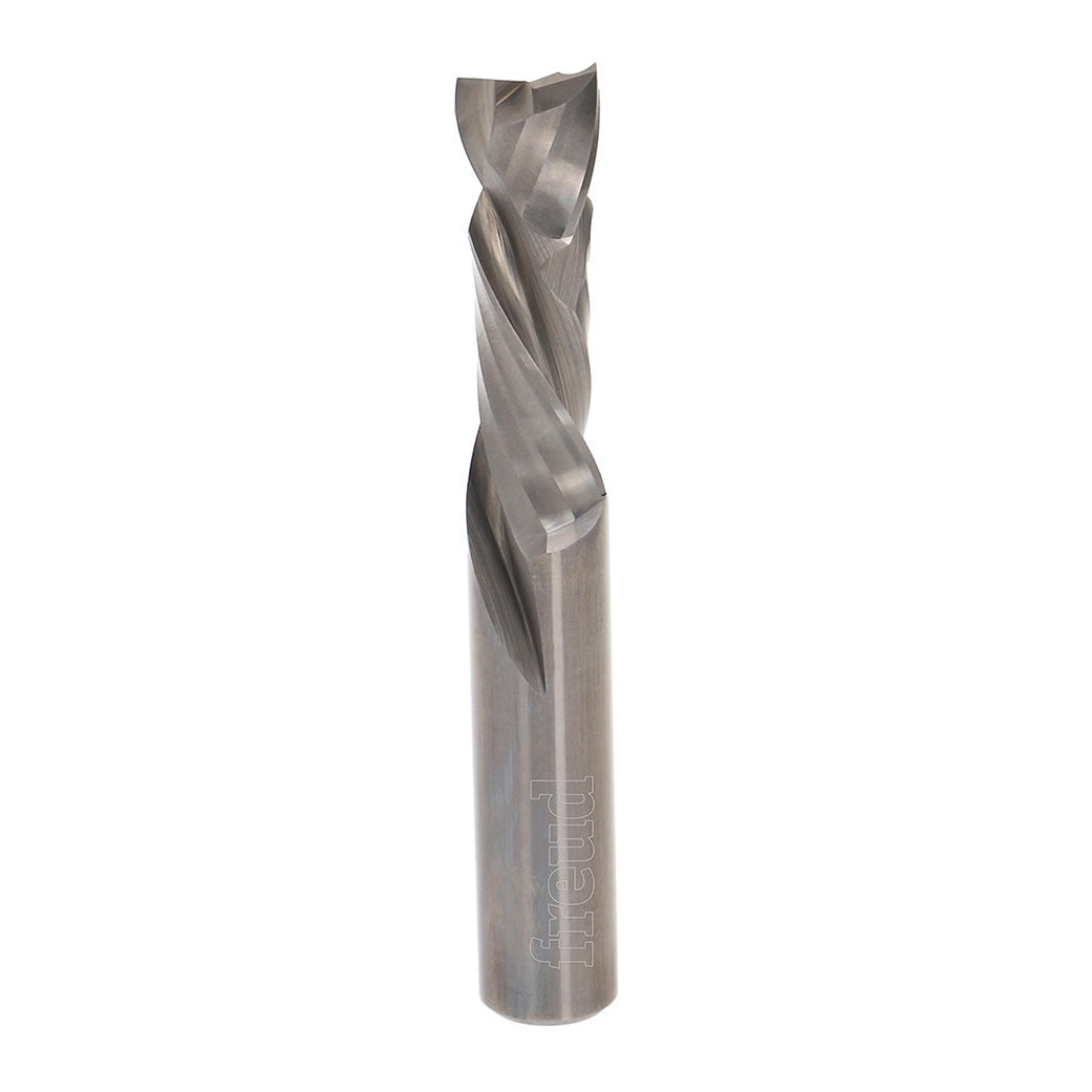 Freud Industrial Twin-Flute Spiral Compression CNC Router Bit - 12.7 x 38.1mm - 1/2in Shank - Solid Carbide - Close-up View
