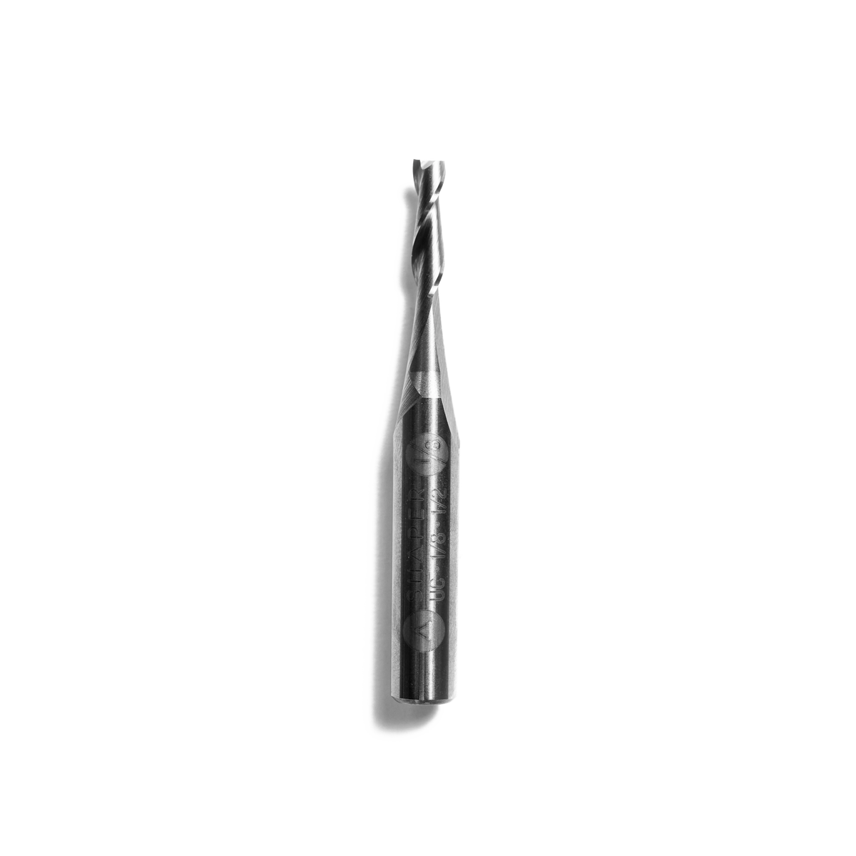 1/8in x 1/2in up-spiral flat CNC router bit in solid carbide composition for fine detail woodworking