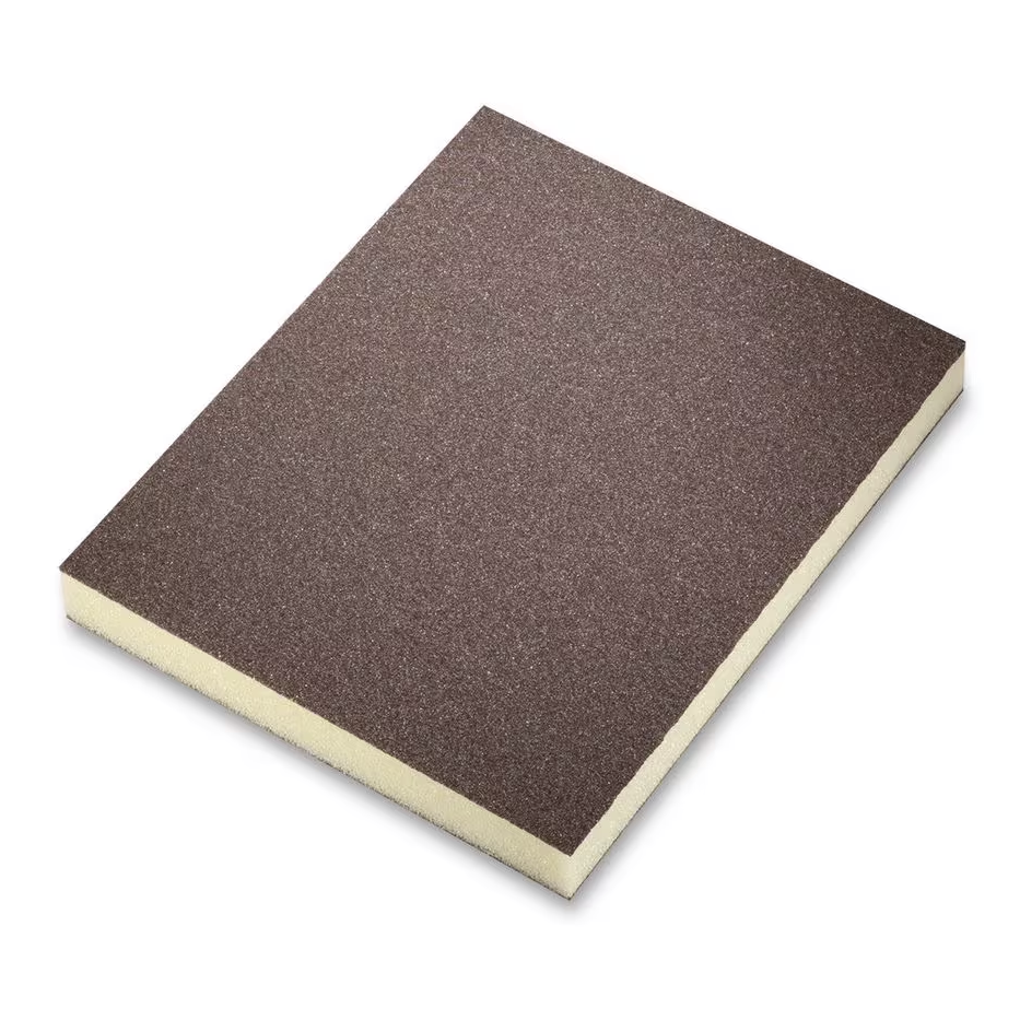 SIA Abrasives 7983 siasponge flex Abrasive Foam Pad 98 x 120 x 13mm in use, showing its extra-soft foam for sanding flexibility