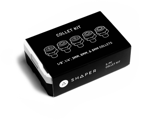 Shaper Tools Complete Collet Kit with various collet increments up to 1/4in and 8 mm, essential for precision woodworking