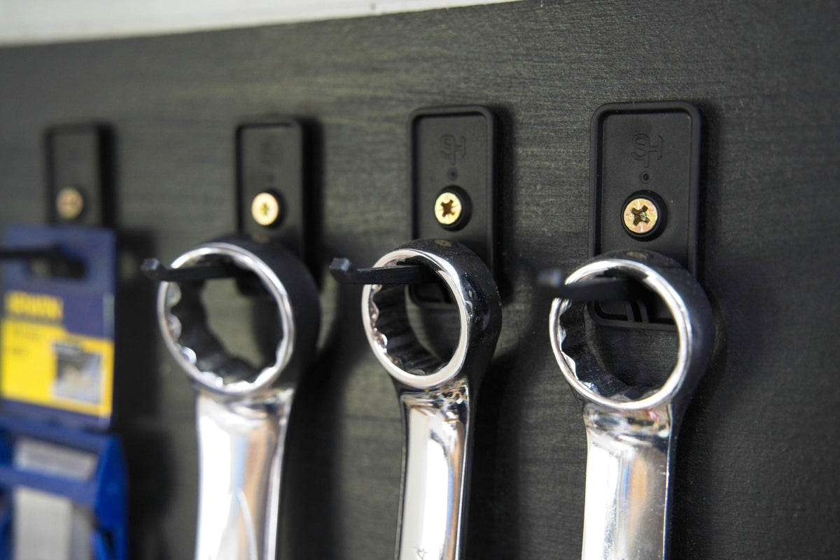Black Superhooks Starter Bundle 15-Piece Set for Modular Tool Wall - angled view of highly functional reinforced hooks