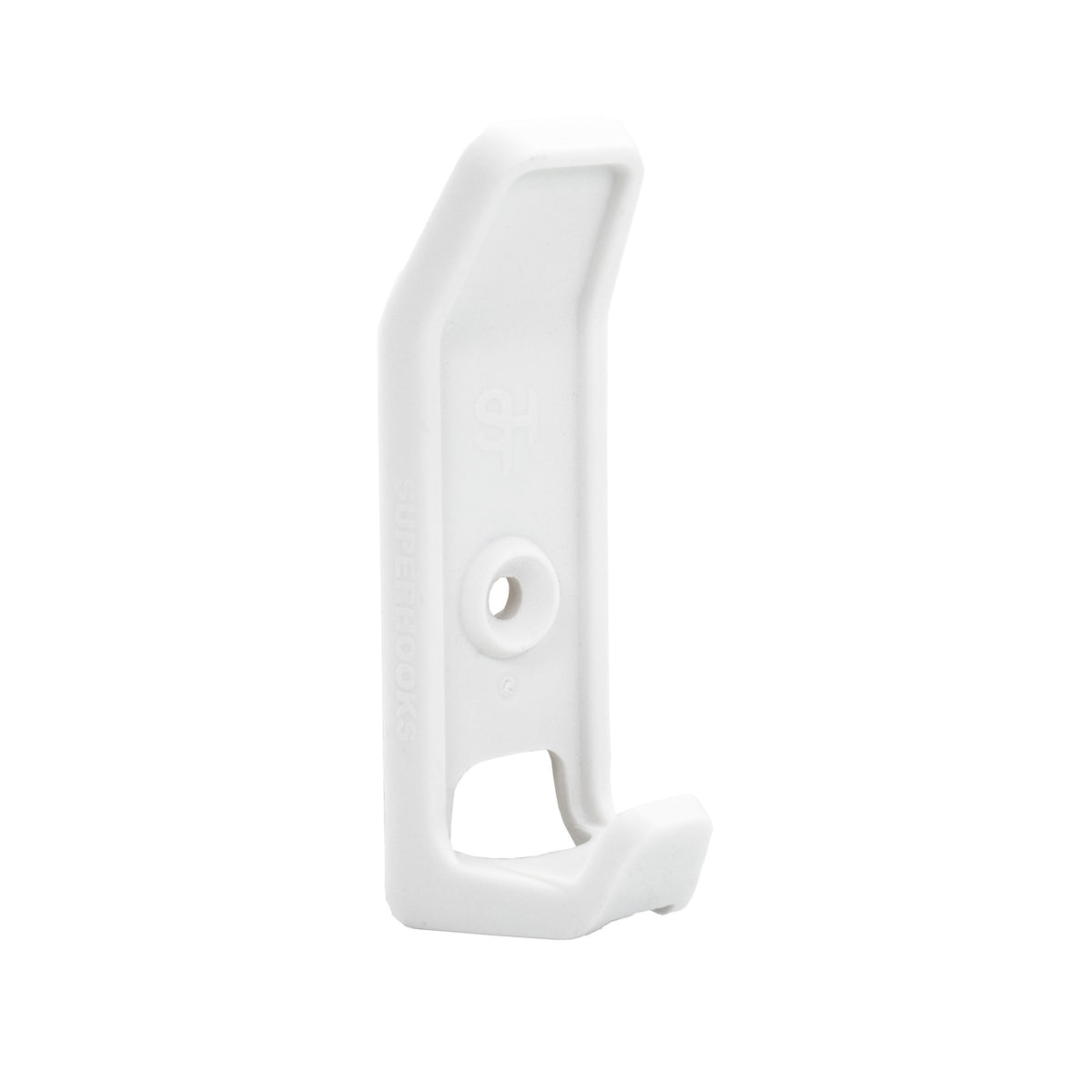 White double hook for tools and accessories. Angled top and through slot for easy hanging. A versatile storage solution