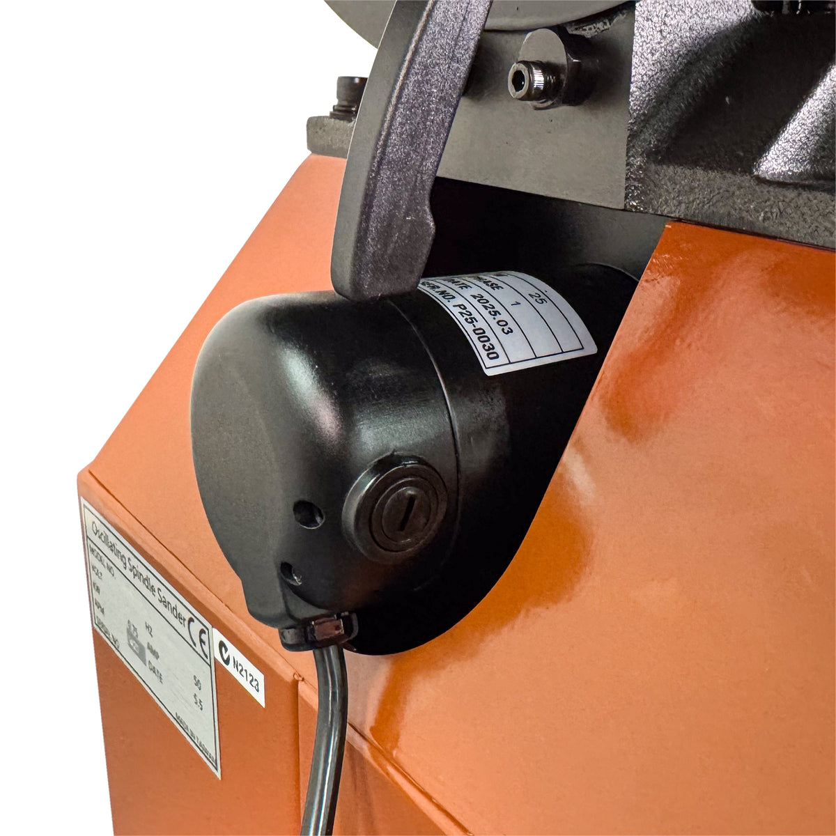 Sherwood Pedestal Oscillating Spindle Sander 750W showing detailed view of oscillating mechanism on cabinet stand
