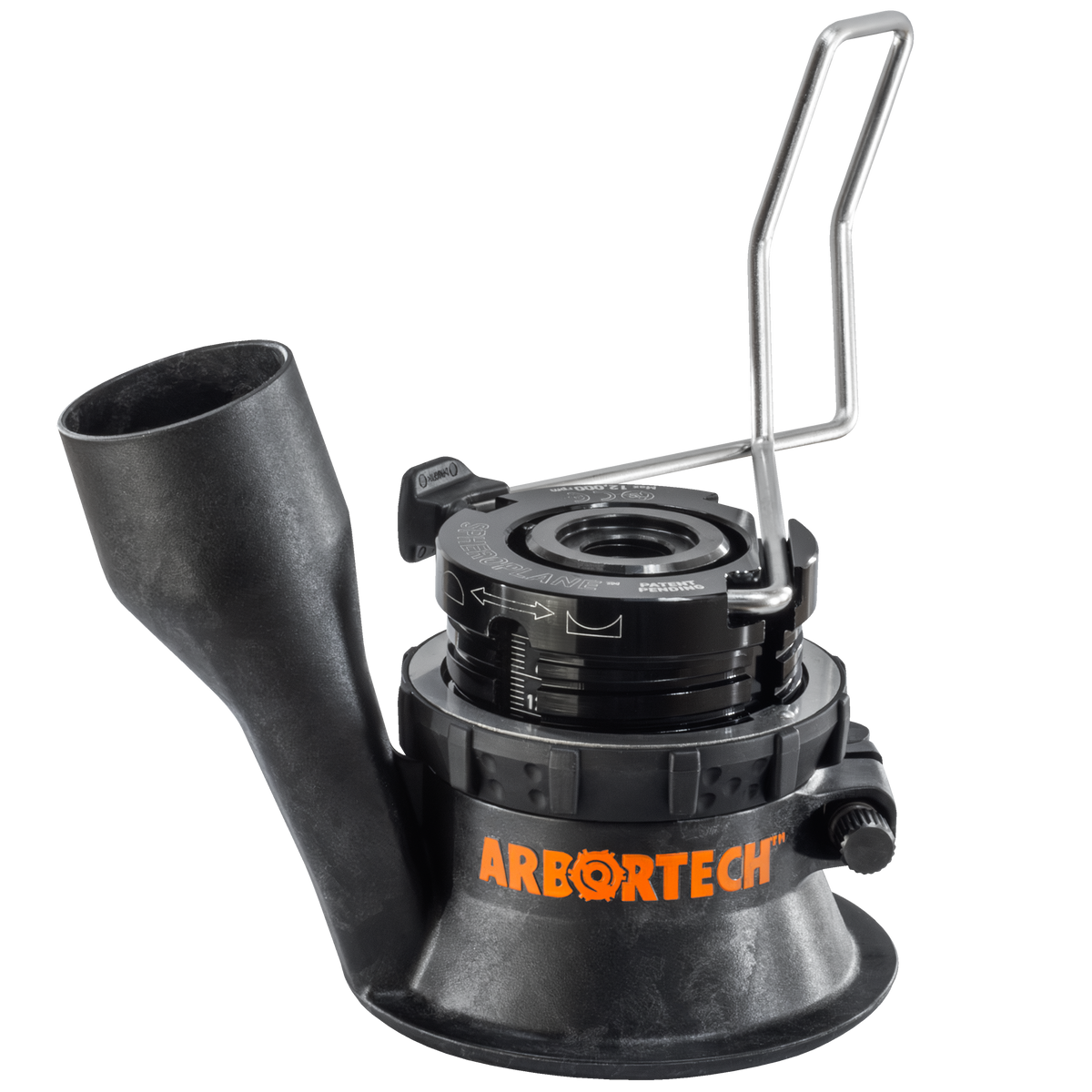 Arbortech SpheroPlane carving attachment for angle grinder, showcasing adjustable carving radius for convex & concave woodworking projects