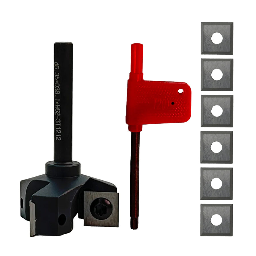 Torquata 3-Flute Surface Planing Carbide Insert Router Bit 38.1mm Diameter & Replacement Cutters 1/4in Shank