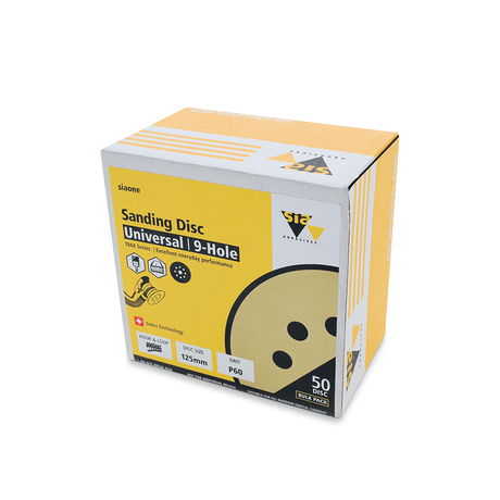 SIA Abrasives 1944 siaone Sanding Disc 125mm 9-Hole Pack of 50 in use on wood surface