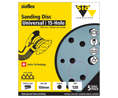 SIA Abrasives 1948 siaflex Sanding Disc 150mm 15-Hole Pack of 5 in use on wood surface