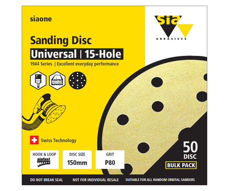 SIA Abrasives 1944 siaone Sanding Disc 150mm pack of 50, ideal for price-conscious users working with various materials