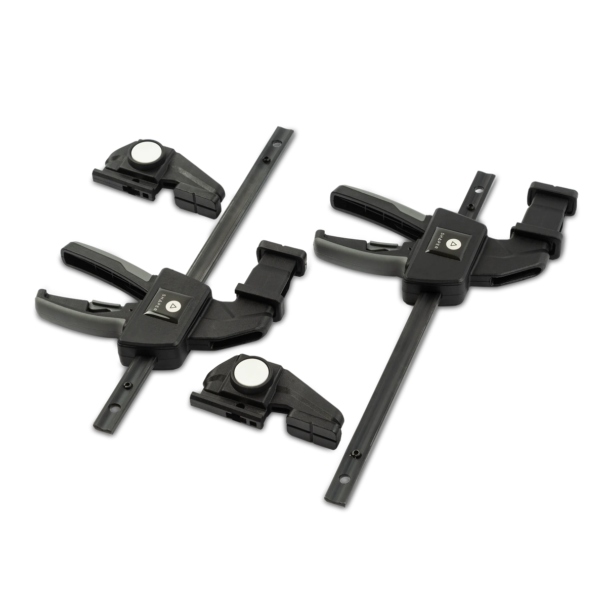 Shaper Tools Set of 2 Reversible Clamps 150mm for Shaper Origin Workstation, showing innovative button-reversible clamping feature