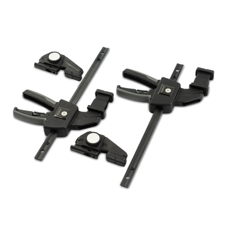Shaper Tools Set of 2 Reversible Clamps 150mm for Shaper Origin Workstation, showing innovative button-reversible clamping feature