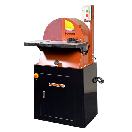 Sherwood 20in Disc Sander with Cabinet Stand in action, showcasing powerful 2200W motor and precision sanding capabilities