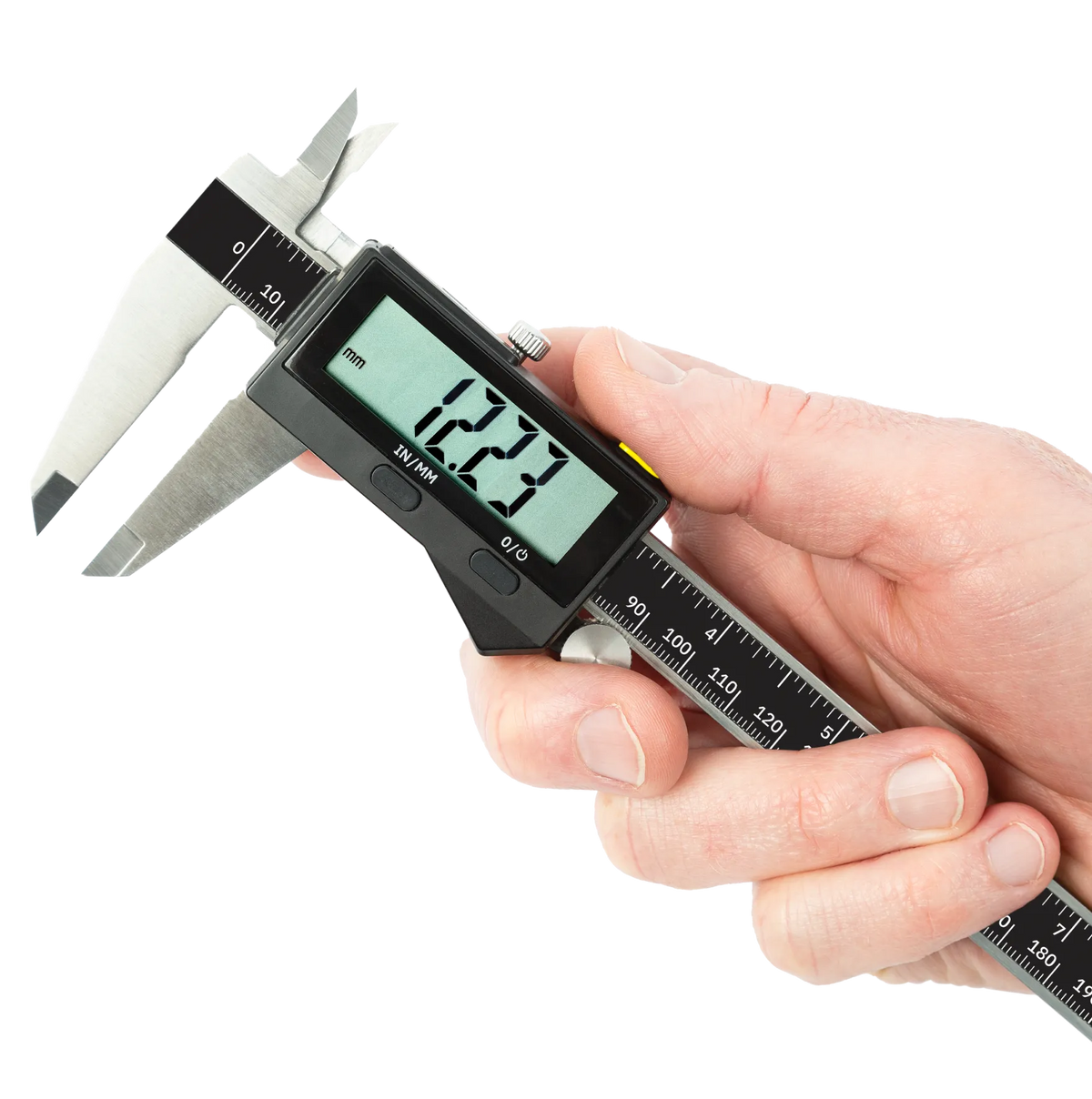 Shaper Tools Connected Caliper 200mm Bluetooth in use, sending precise measurements effortlessly