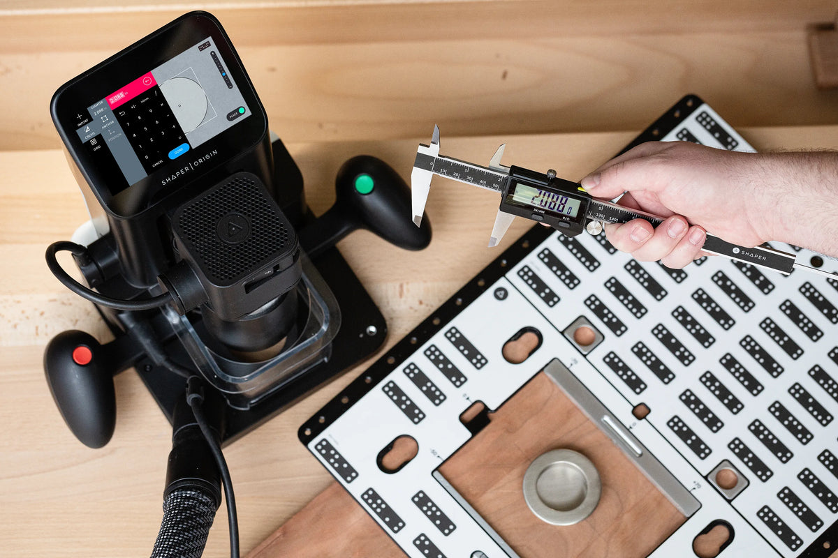 Shaper Tools Connected Caliper 200mm Bluetooth for Shaper Origin in woodworking workshop setting