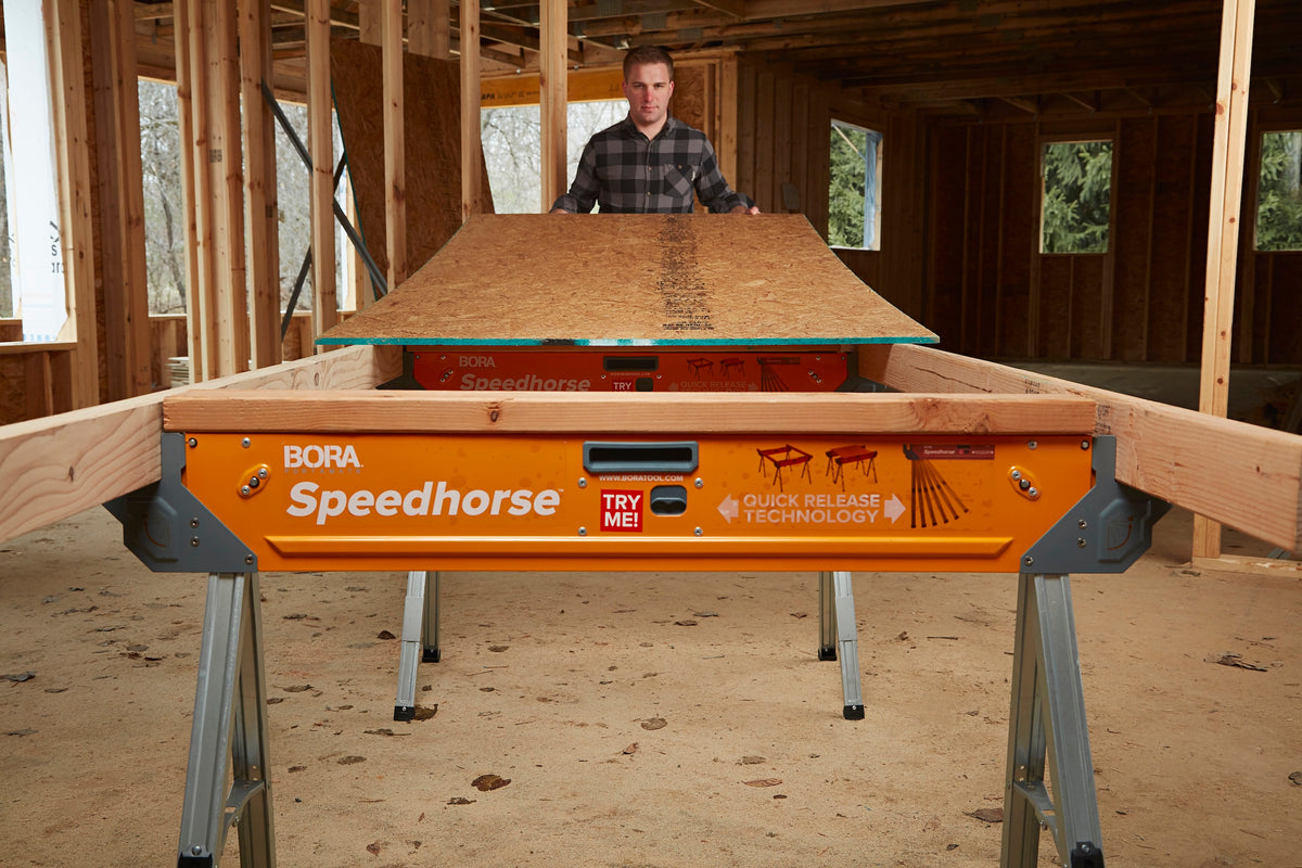 Set of two BORA Speedhorse Saw Horses in action, showcasing 680kg capacity and quick setup for efficient worksite use