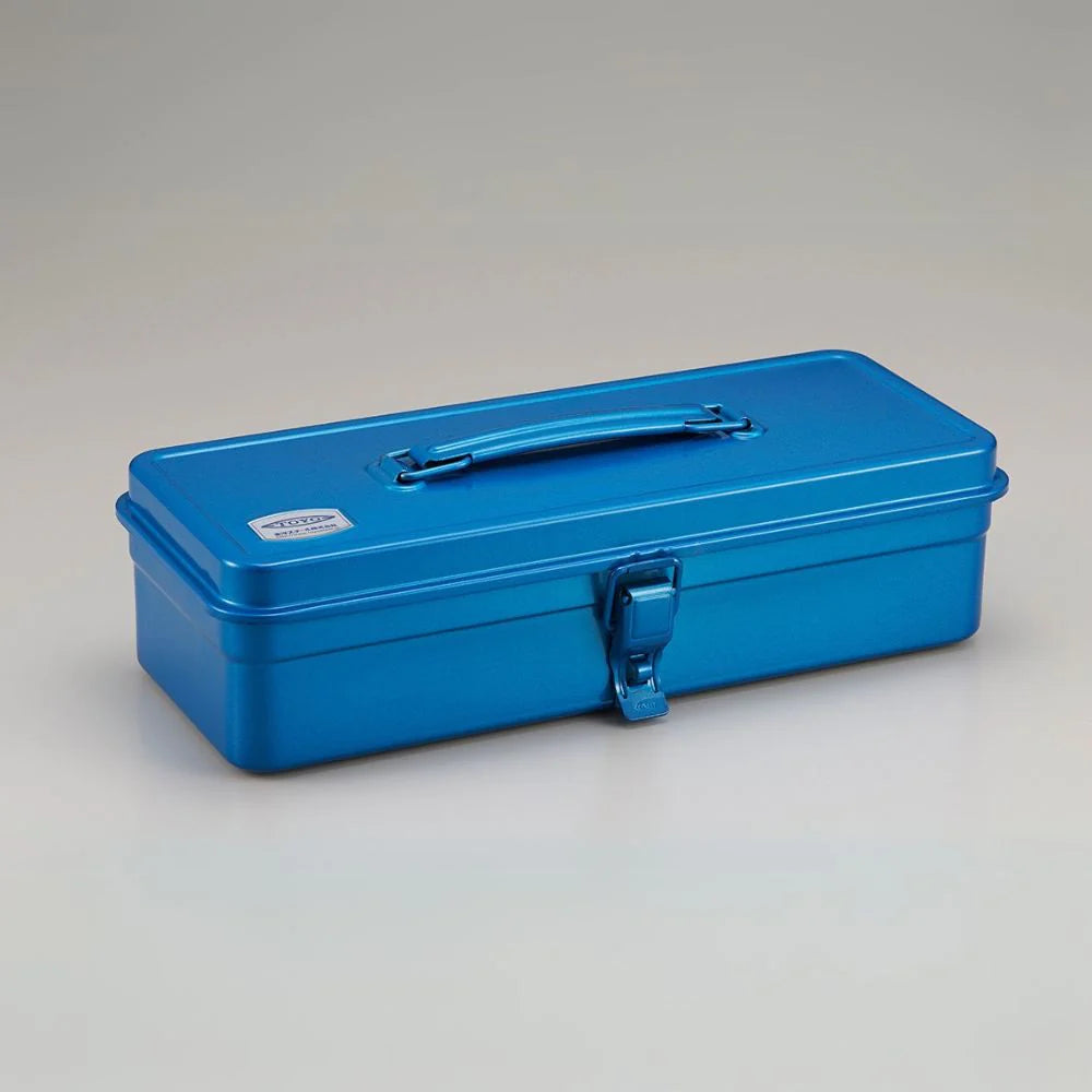 Toyo Trunk Shape Toolbox 32cm in natural wood finish with brass accents and latch, showcasing top view with open lid