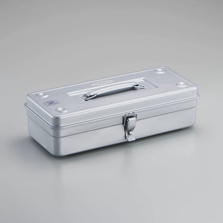 Toyo Trunk Shape Toolbox 35cm in silver colour, showcasing the top handle and latch detail