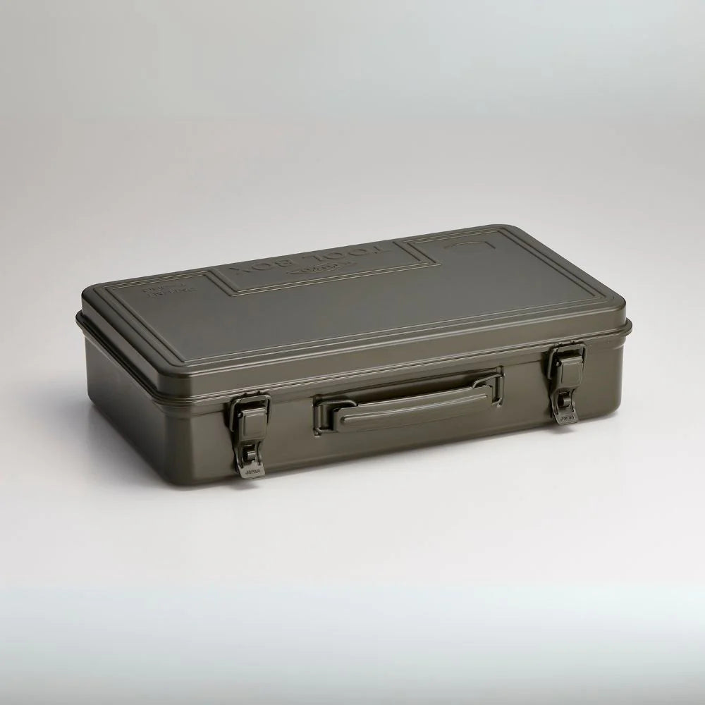 Australian made Toyo trunk shape toolbox 36cm in green colour, showcasing top view with latches and handle