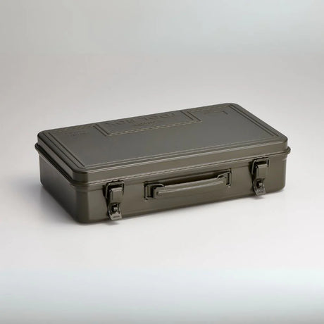 Australian made Toyo trunk shape toolbox 36cm in green colour, showcasing top view with latches and handle