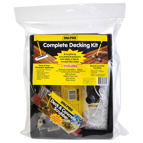 UniPro 7-Piece Decking Preparation & Finishing Kit tools including paint tray, brush, can opener, stirring stick, and scrubber