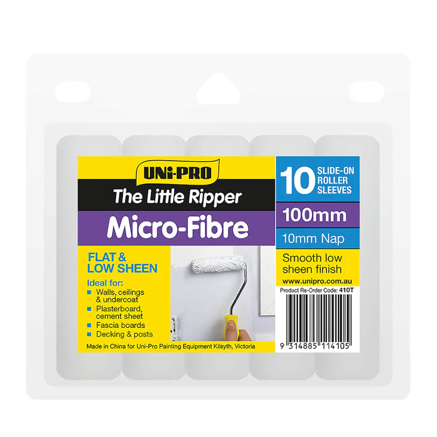 UniPro Microfibre Roller Covers 100mm 4mm Nap delivering smooth finish for mineral paint applications