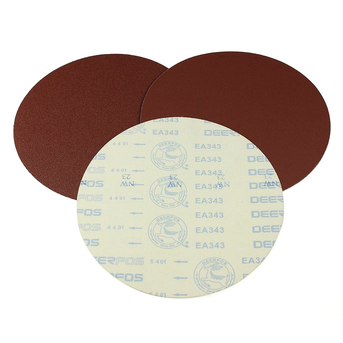 three round sandpaper discs on a white background, one is showing the back