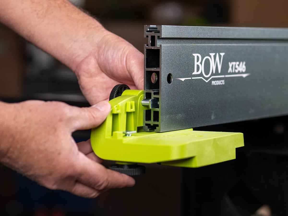 Pair of BOW XT XTENDER Fence Feed Supports in use on small sawing surface