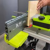 BOW Products XT XTENDER Fence Feed Supports, angled view showing how supports secure material for precise sawing