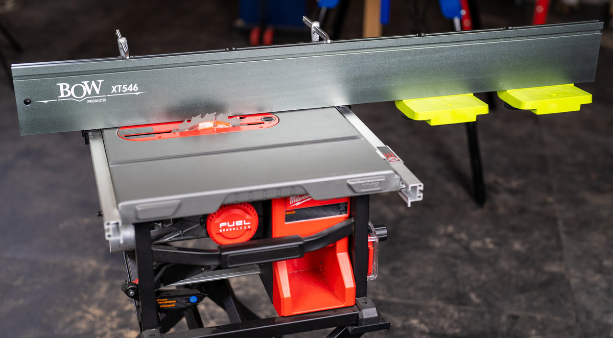 Pair of BOW Products XT XTENDER Fence Feed Supports - angle view of supports attached to sawing surface