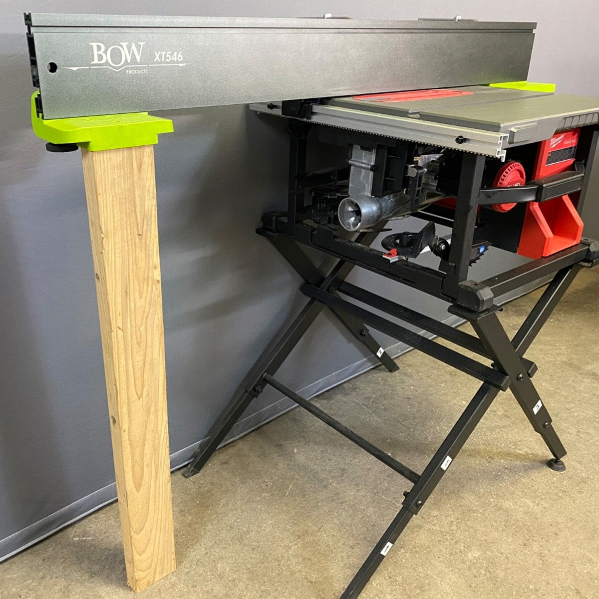 BOW Products XT XTENDER Fence Feed Supports in use on small sawing surface